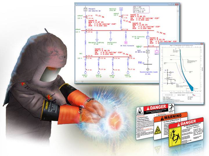 Electrican with PPE equipment and Arc Flash Labels, one-line diagram with printed results, and TCC curves