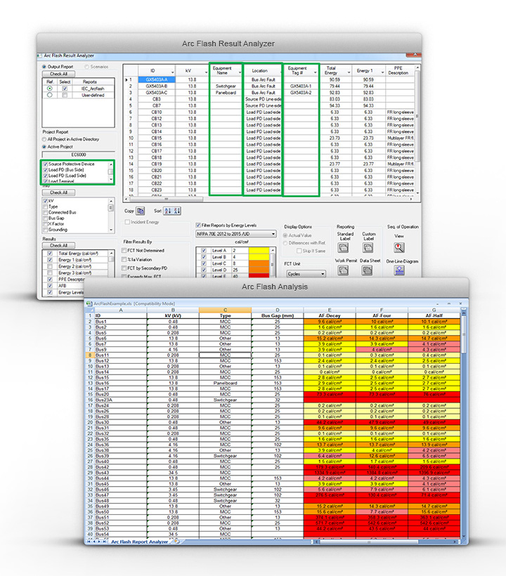 Arc Flash reports put together in a single view with the option to export into excel.