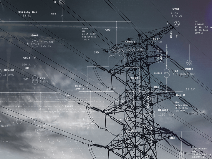 Water flowing out of a dam to respresent load flow and a one-line diagram printed with results in the background