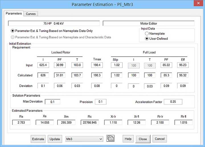 Parameter estimation editor for selected motor parameters