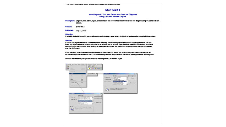 Insert legends, text, and tables into one-line diagrams using OLE and ActiveX objects